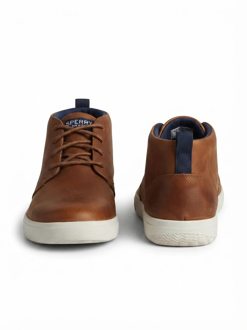 Sperry Tan Brown Leather Chukka Boots with Navy Accents